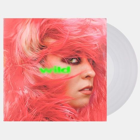 Text "wild" in grellem Grün. Ein Gesicht mit auffälligem rosa Haar bedeckt es teilweise. Transparente Vinylplatte.