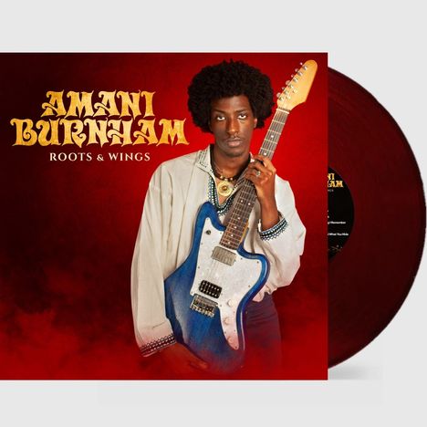 "Amani Burnham", "Roots & Wings". Person mit Afro, weißem Hemd, blauer E-Gitarre vor rotem Hintergrund. Vinyl-Schallplatte dabei.
