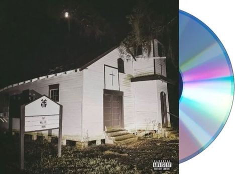 Text: "THEY WILL BE DONE". Eine beleuchtete Holzkirche mit Kreuz und ein bunter CD-Rohling rechts.