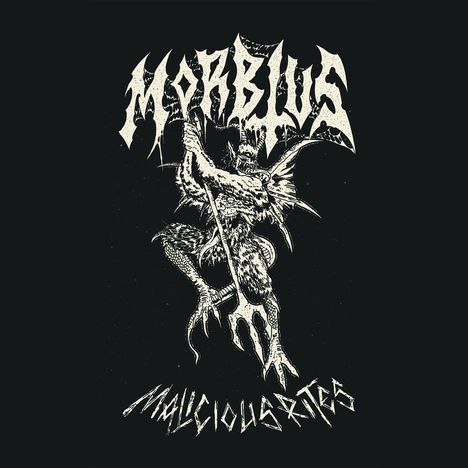 "MORBIUS" und "MALICIOUS INTENT" in verzerrter Schrift, Illustration eines dämonischen Wesens mit Dreizack.