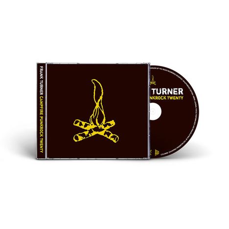 Texte: "FRANK TURNER", "CAMPFIRE PUNKROCK TWENTY". CD-Hülle mit gelber Lagerfeuer-Illustration auf dunklem Hintergrund.