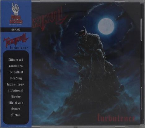 "Album #4 continues the path of blending high-energy, traditional Heavy Metal and Speed Metal." Illustration einer dämonischen Gestalt auf einem Berg vor Vollmond.