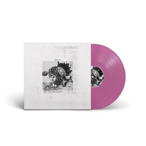 Text: "ZARA KISS OF LIFE." Eine violette Vinyl-Schallplatte mit einem Cover, das einen schwarz-weißen antiken Kopf zeigt.