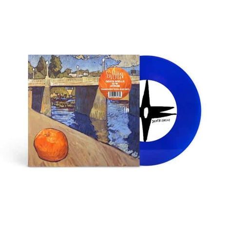 Text: "The Dawn", "Death Spells", "Ativan", "Emotions & Math"
Blauer Schallplatte, Illustration mit Brücke und Orange.