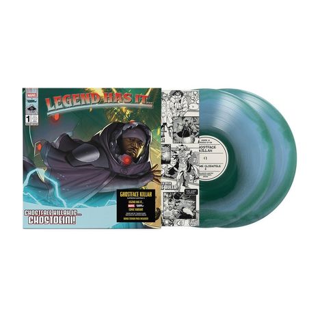 "Legend Has It," "Ghostface Killah is… Ghostdini!", Comic-Stil mit gezeichneter Figur und grün-blauer Vinyl-Schallplatte.