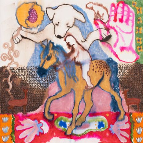 Illustration: Ein weißer Hund über einem Reiter auf einem Pferd, umgeben von bunten, abstrakten Motiven und einer rosa Hand.