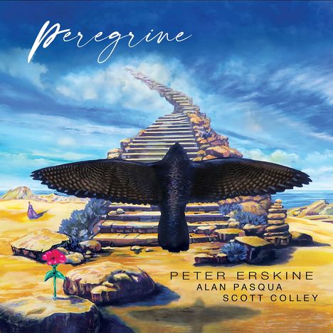 Text: "Peregrine", "Peter Erskine", "Alan Pasqua", "Scott Colley". Illustration: Ein Falke fliegt zu einer Steintreppe in einer Wüstenlandschaft.