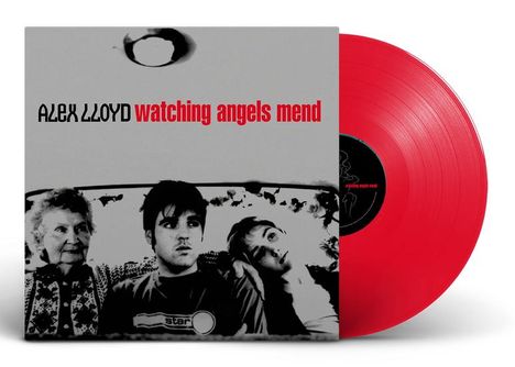 Text: "Alex Lloyd watching angels mend". Ein schwarz-weißes Foto von drei Personen, eine Vinyl-Platte in Rot.