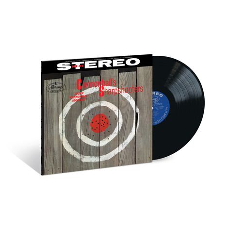 "Cannonball's Sharpshooters", Stilisiertes Holzmuster mit Zielscheibe, schwarze Vinylplatte rechts, blauer Labelaufdruck.