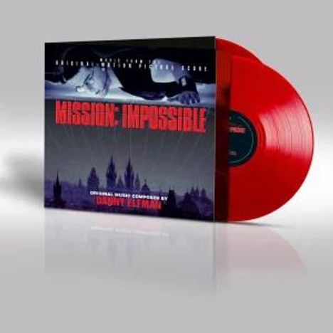 Text: "Mission: Impossible", "Original Music Composed by Lalo Schifrin". Rote Vinyl-Schallplatte neben einem Cover.