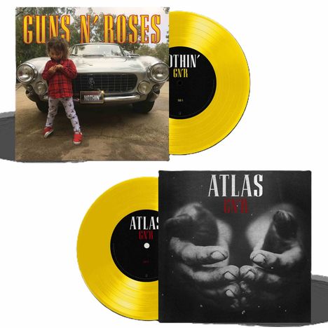 „Guns N' Roses“ und „Atlas GN'R“ auf gelben Schallplatten. Kind vor Auto, Hände in Schwarz-Weiß.