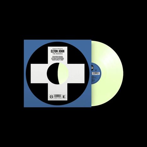 Text: "Elton John The Remixes". Blaue und weiße Schallplattenhülle, leuchtend gelbe Vinyl-Schallplatte.
