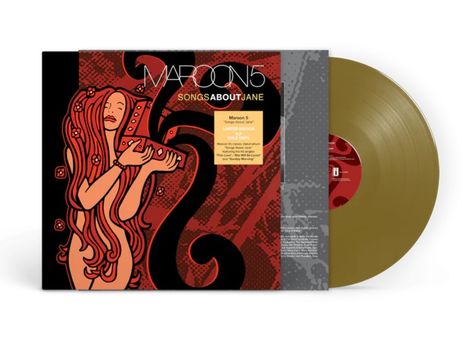 "Maroon 5 Songs About Jane" und limitierte Edition auf goldener Vinyl. Illustration einer Frau mit langen roten Haaren.