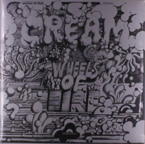 CREAM, WHEELS OF FIRE. Eine schwarz-weiße, psychedelische Illustration mit wirbelnden Formen und Blasen.