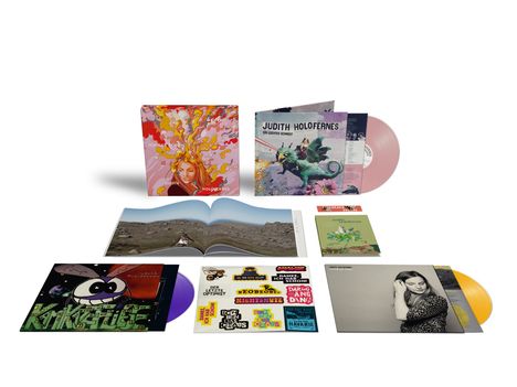 Texte: „ICH HABE NACHGERECHNET“, „JUDITH HOLOFERNES“, „EIN LEICHTER SCHNEI“. Mehrere Vinyls und ein geöffnetes Buch.