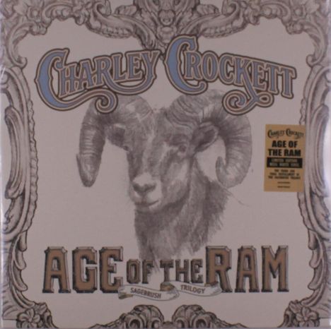 „Charley Crockett“ und „Age of the Ram“ in dekorativer Schrift. Zeichnung eines Widders mit verzierten Rahmen.