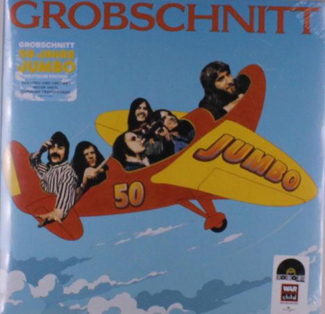 Text: "GROBSCHNITT", "50 JAHRE JUMBO", "50", "JUMBO". Illustration: Flugzeug mit Personen am Himmel.