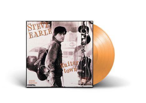 Text: "Steve Earle, guitar town". Eine Person mit Gitarre in Schwarz-Weiß, goldenes Vinyl daneben.