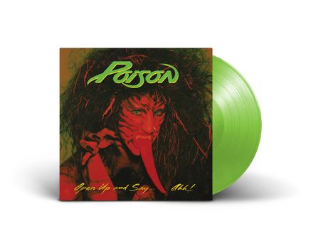 Ein grünes Schallplatten-Cover mit "Poison" und "Open Up and Say... Ahh!" in leuchtenden Farben zeigt eine monströse Figur.