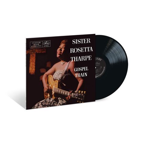 "SISTER ROSETTA THARPE GOSPEL TRAIN" in Weiß. Eine Frau spielt Gitarre, beleuchtet, vor einem verschwommenen Kreuz.