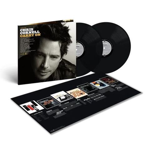 Text: "CHRIS CORNELL CARRY ON". 
Zwei schwarze Vinylplatten, Albumcover mit Porträt einer nachdenklichen Person.