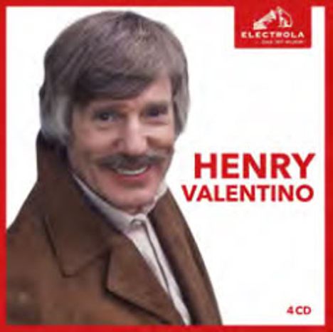 „HENRY VALENTINO“ in roter Schrift. Oben rechts ein rotes Logo mit „ELECTROLA“. Ein Mann in braunem Mantel lächelt.