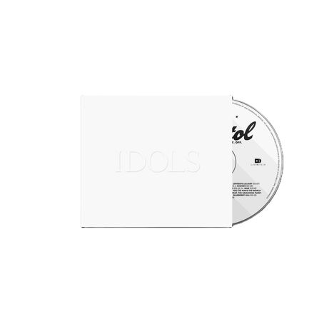 Ein stilvoller, minimalistischer CD-Einleger mit dem erhabenen Wort "IDOLS". Eine CD ragt rechts heraus.