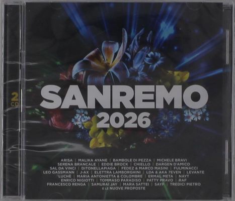 "Sanremo 2026" – bunte Blumen und leuchtende Lichteffekte im Hintergrund, Liste von Künstlernamen unten.
