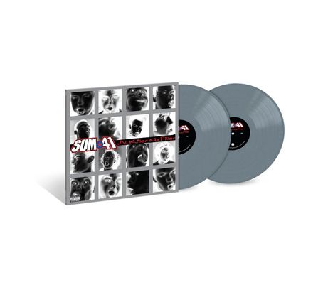 "Sum 41" und "All Killer No Filler" stehen auf einem Albumcover mit Negativ-Bildern von Gesichtern und zwei grauen Vinyls.