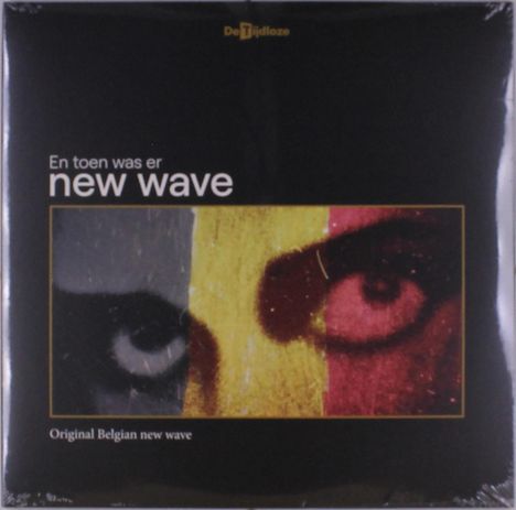 „En toen was er new wave“ oben, „Original Belgian new wave“ unten. Illustration von zwei Augen in Blau, Gelb, Rot.