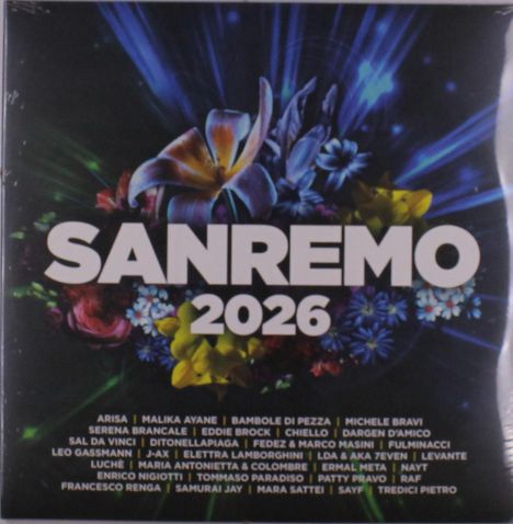 Text: SANREMO 2026. Namen wie Arisa, Malika Ayane, J-AX. Bunter Blumengarten mit blauem Hintergrund.