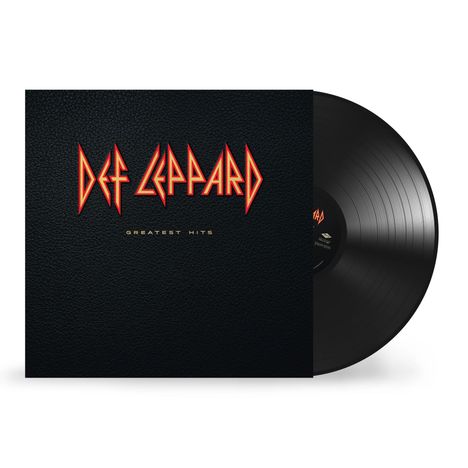"DEF LEPPARD" und "GREATEST HITS" stehen auf einem schwarzen Plattencover mit sichtbarer Vinyl-Schallplatte.