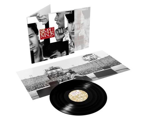 Text: "Simple Minds Once Upon a Time". Zu sehen ist ein Schallplattencover und eine Vinyl-Schallplatte mit Konzertfoto.