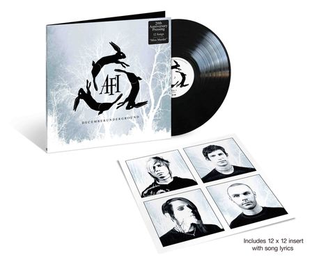 20th Anniversary Pressing. Dezemberunderground. AFI-Logo. Schwarze Schallplatte, Porträtbilder von vier Personen.