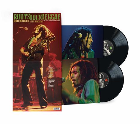 ROOTS ROCK REGGAE BOB MARLEY & THE WAILERS LIVE AT THE HAMMERSMITH ODEON. Drei Bilder mit einem Musiker und zwei Schallplatten.