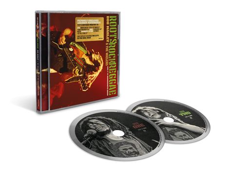 CD-Set mit "Roots, Rock, Reggae: Bob Marley & The Wailers". Enthält zwei Discs mit Bildern eines Sängers.