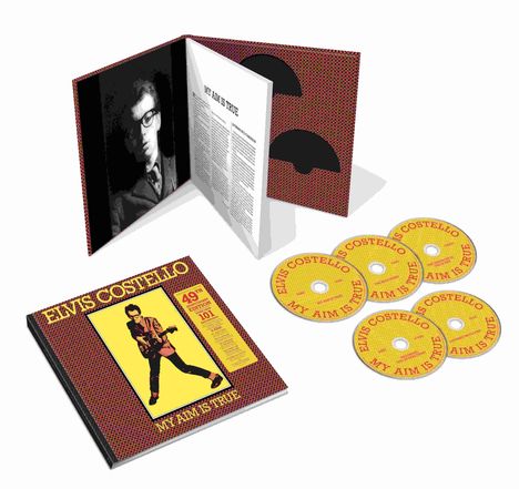 "ELVIS COSTELLO", "MY AIM IS TRUE" auf CDs und Buchcover, gelber Hintergrund mit schwarzem Foto einer Person.