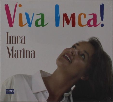 "Viva Imca!" in bunten Buchstaben. Darunter "Imca Marina". Eine Frau schaut lächelnd nach oben, trägt ein weißes Hemd.