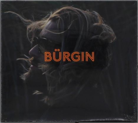 Text "BÜRGİN" in leuchtendem Orange über einem Profil mit wallendem Haar und Sonnenbrille in einem dunklen Hintergrund.