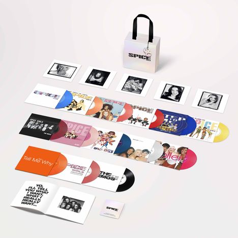 Mehrere bunte Schallplatten mit Covern von Personen, ein Kasten mit "SPICE" und ein Heft mit dem Text "YO, I'LL TELL YOU...".