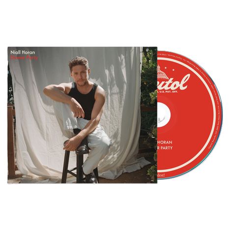 Der Text lautet "Niall Horan". Auf einem Foto sitzt ein Mann auf einem Hocker, beim anderen steht er vor einer Felswand.