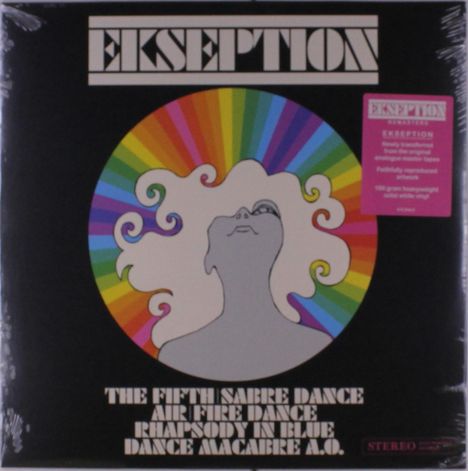 Text: "EKSEPTION", "THE FIFTH, SABRE DANCE", "AIR", "FIRE DANCE", "RHAPSODY IN BLUE", "DANCE MACABRE A.O." Illustration: Frau in Regenbogen.