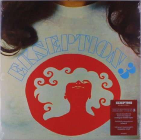Text: „EKSEPTION 3“. Illustration: Rotes Gesicht mit lockigem Haar in einem Kreis auf einem T-Shirt.