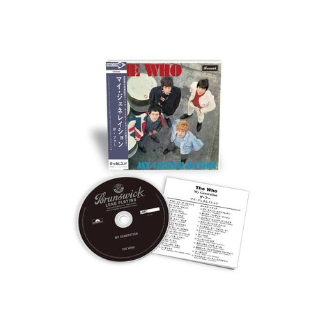 Oben: "The Who" und "My Generation" auf einem Albumcover. Unten: CD-Label mit "Brunswick" und Songliste in Englisch und Japanisch.