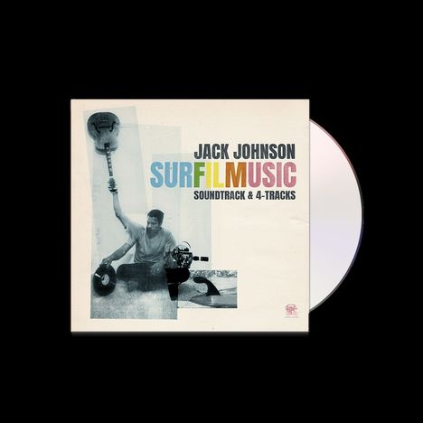 Texte: "Jack Johnson", "SurFilmMusic", "Soundtrack & 4-Tracks". Eine Illustration eines Mannes mit Gitarre und Fotos von Surfern.