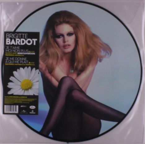Text links: "BRIGITTE BARDOT, JE T'AIME MOI NON PLUS, EN DUO AVEC SERGE GAINSBOURG, JE ME DONNE À QUI ME PLAÎT." Frau in Pose sitzend. 