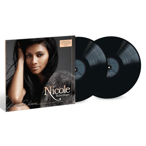 Albumcover: "Nicole Scherzinger – Killer Love". Zwei schwarze Vinyl-Schallplatten. Gesicht einer Frau mit dunklem Haar.