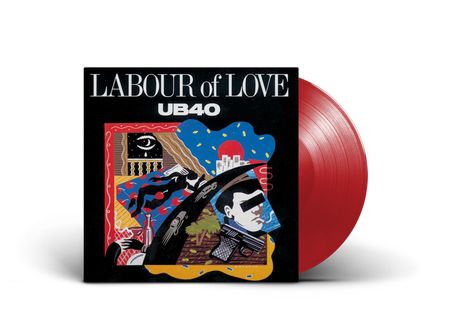 "LABOUR of LOVE" und "UB40" sind auf einem Plattencover in großen Buchstaben. Rote Vinylscheibe und bunte Illustration.