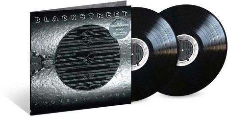 Text „Blackstreet Another Level“. Zwei schwarze Vinyl-Schallplatten neben dem Albumcover mit industriellem Design.
