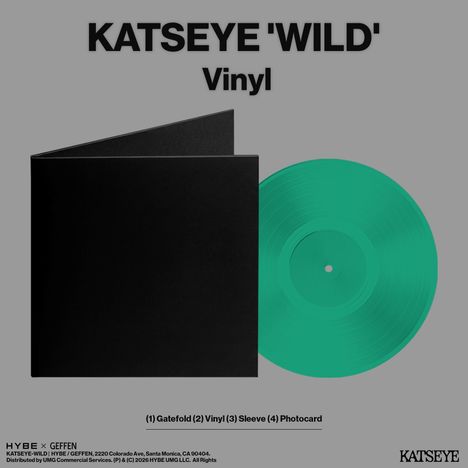 "KATSEYE 'WILD' Vinyl" steht oben, darunter schwarze Schallplattenhülle und grüne Vinyl. Unten: (1) Gatefold (2) Vinyl (3) Sleeve (4) Photocard.